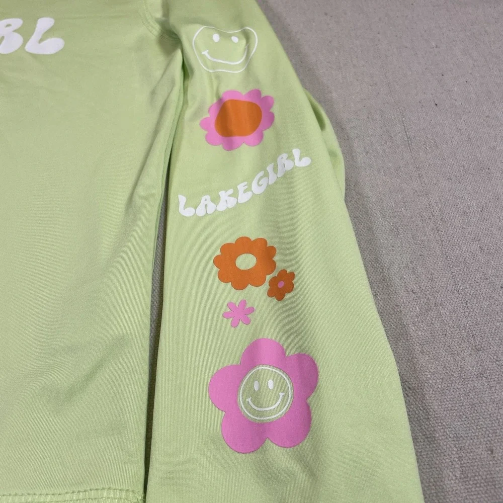 Lakegirl Rash Guard Kids Medium Lime Green Floral Smiley Sleeve Swim Top Surf
